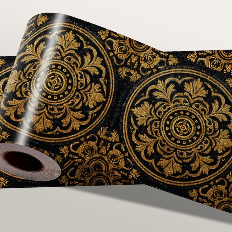 IOHEFY Black Gold Vintage Wallpaper Border 196x4 Inch Peel and Stick Wall Border Self Adhesive Classic Medallion Design Removable Vinyl Trim for Living Room Bedroom Bathroom Kitchen Cabinet Decoration - Image 1